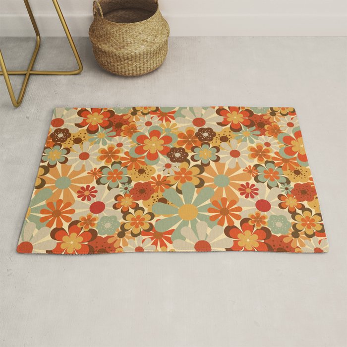 Patterned Retro 70's Floral Prints Rug Gallery Image 1