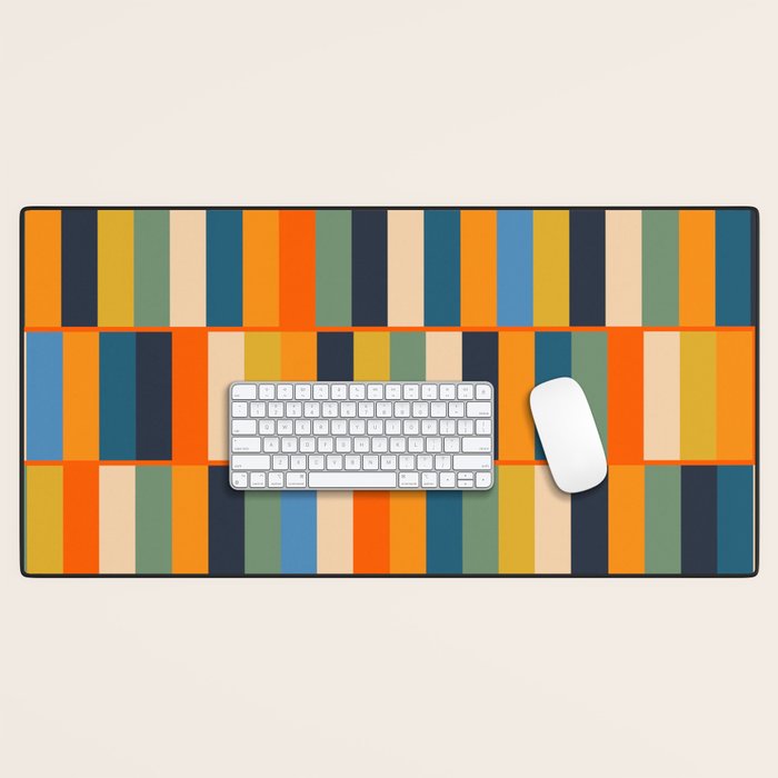 Long Blocks Retro Modern Minimalist Geometric Checked Pattern Blue Mustard Orange Eucalyptus Desk Mat Gallery Image 1