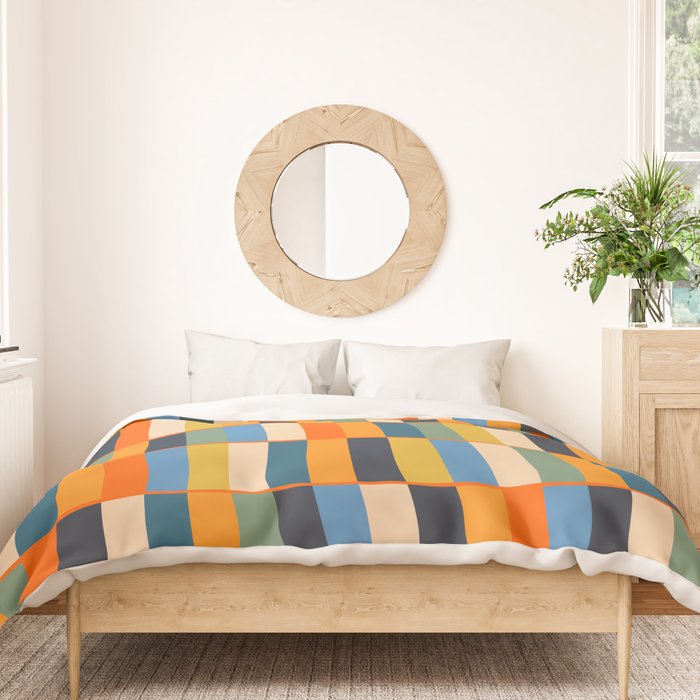 Long Blocks Retro Modern Minimalist Geometric Checked Pattern Blue Mustard Orange Eucalyptus Duvet Cover Gallery Image 3