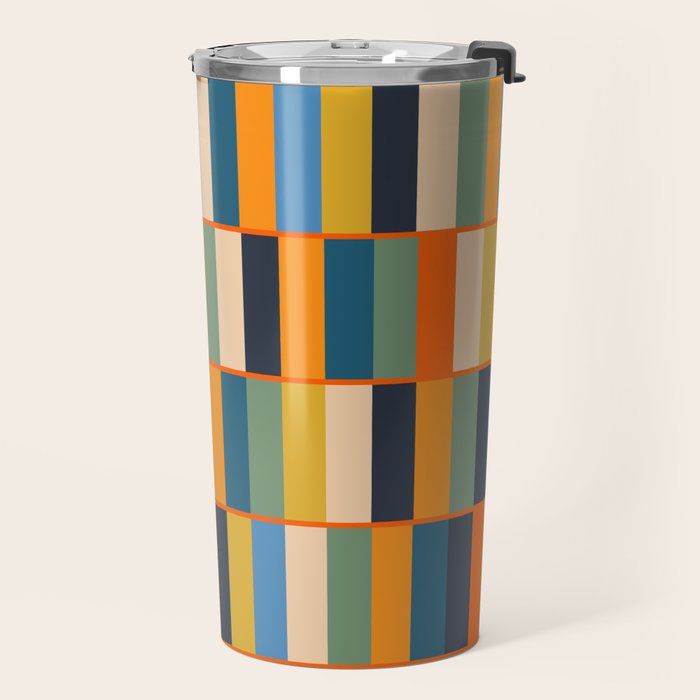 Long Blocks Retro Modern Minimalist Geometric Checked Pattern Blue Mustard Orange Eucalyptus Travel Mug Gallery Image 2