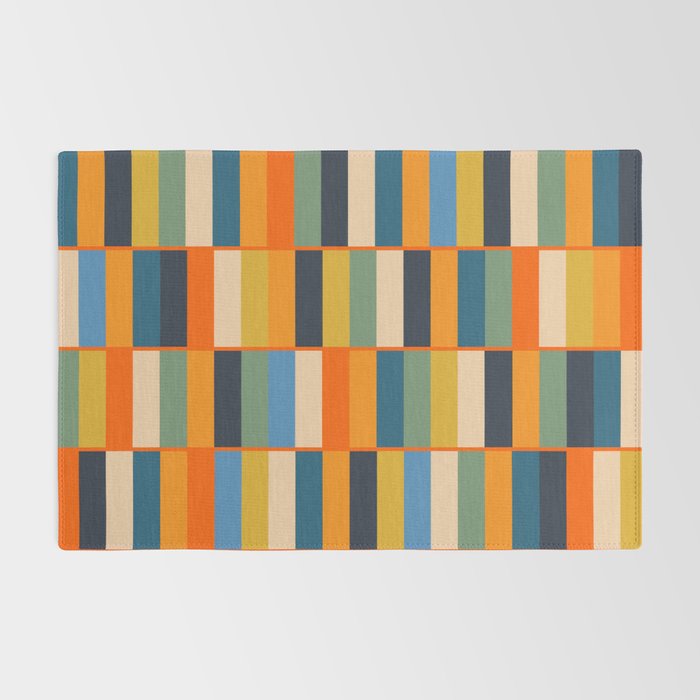 Long Blocks Retro Modern Minimalist Geometric Checked Pattern Blue Mustard Orange Eucalyptus Rug Gallery Image 2