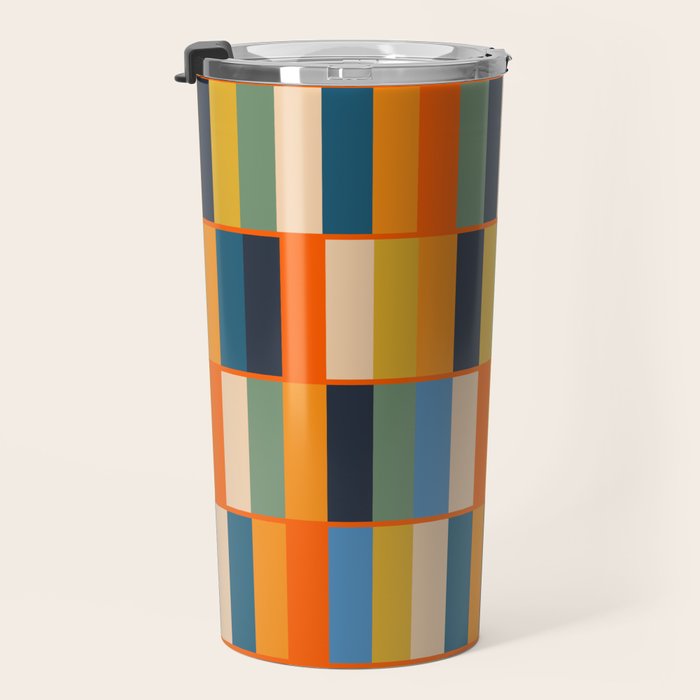 Long Blocks Retro Modern Minimalist Geometric Checked Pattern Blue Mustard Orange Eucalyptus Travel Mug Gallery Image 3