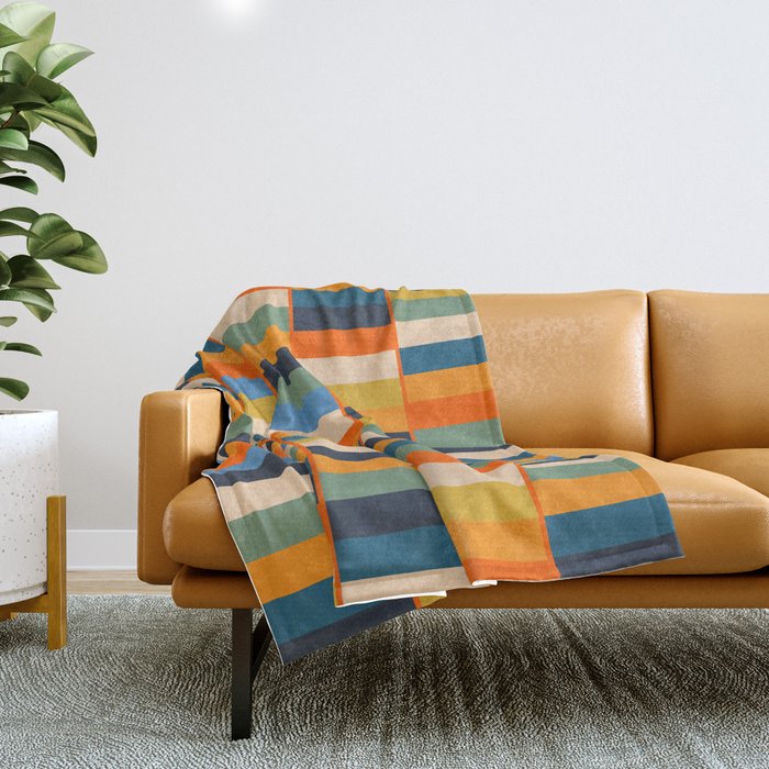 Long Blocks Retro Modern Minimalist Geometric Checked Pattern Blue Mustard Orange Eucalyptus Throw Blanket Gallery Image 1