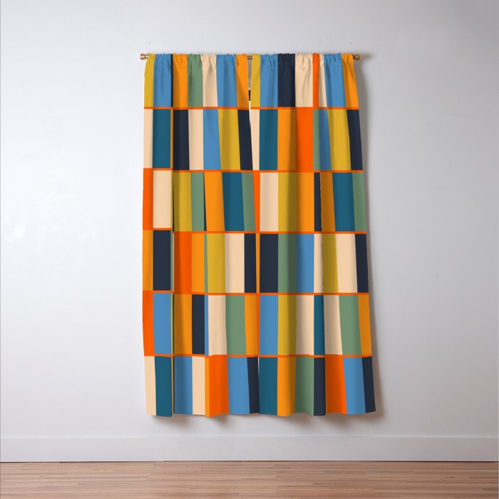 Long Blocks Retro Modern Minimalist Geometric Checked Pattern Blue Mustard Orange Eucalyptus Window Curtain Gallery Image 3