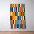 Long Blocks Retro Modern Minimalist Geometric Checked Pattern Blue Mustard Orange Eucalyptus Window Curtain Gallery Image 3