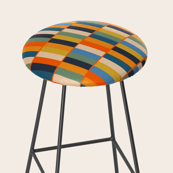 Long Blocks Retro Modern Minimalist Geometric Checked Pattern Blue Mustard Orange Eucalyptus Stool Gallery Image 2