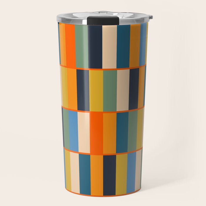 Long Blocks Retro Modern Minimalist Geometric Checked Pattern Blue Mustard Orange Eucalyptus Travel Mug Gallery Image 1