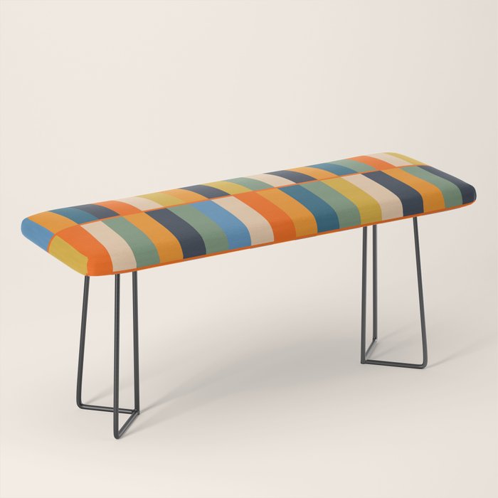 Long Blocks Retro Modern Minimalist Geometric Checked Pattern Blue Mustard Orange Eucalyptus Bench Gallery Image 1