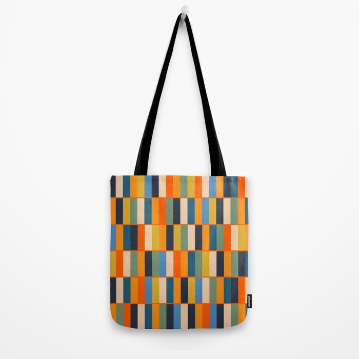Long Blocks Retro Modern Minimalist Geometric Checked Pattern Blue Mustard Orange Eucalyptus Tote Bag Gallery Image 2