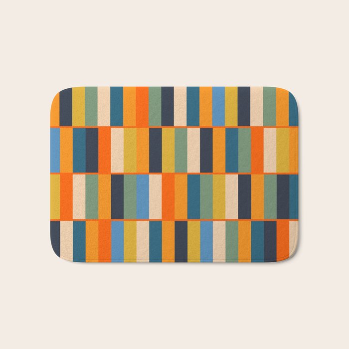 Long Blocks Retro Modern Minimalist Geometric Checked Pattern Blue Mustard Orange Eucalyptus Bath Mat Gallery Image 1