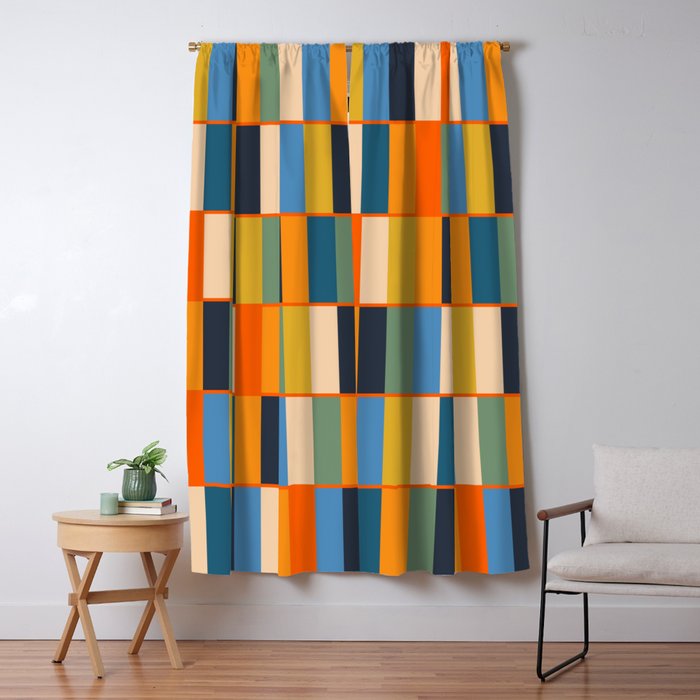 Long Blocks Retro Modern Minimalist Geometric Checked Pattern Blue Mustard Orange Eucalyptus Window Curtain Gallery Image 5