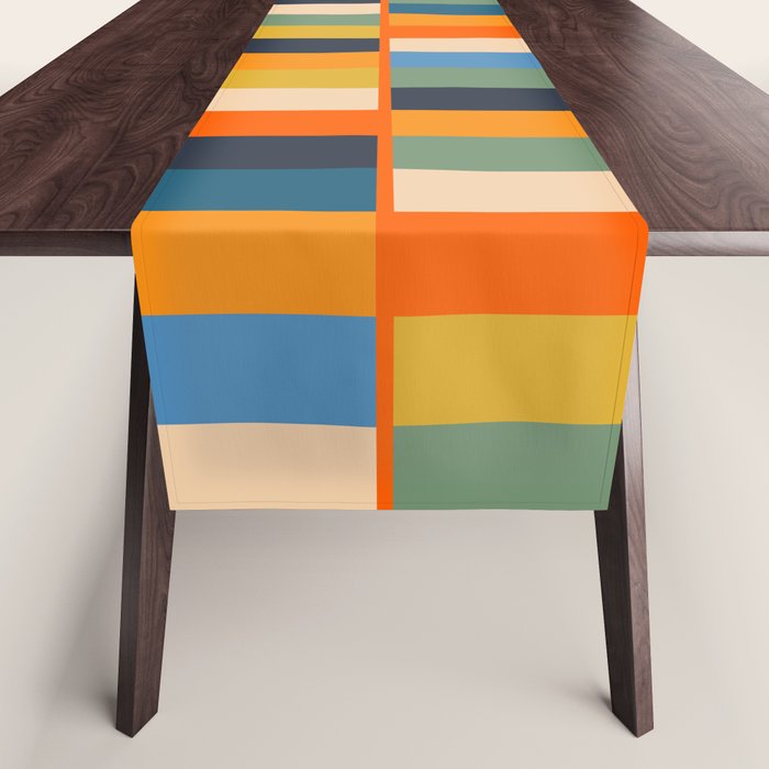 Long Blocks Retro Modern Minimalist Geometric Checked Pattern Blue Mustard Orange Eucalyptus Table Runner Gallery Image 1