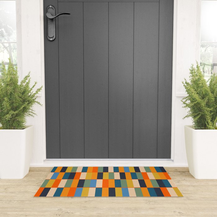 Long Blocks Retro Modern Minimalist Geometric Checked Pattern Blue Mustard Orange Eucalyptus Welcome Mat Gallery Image 3
