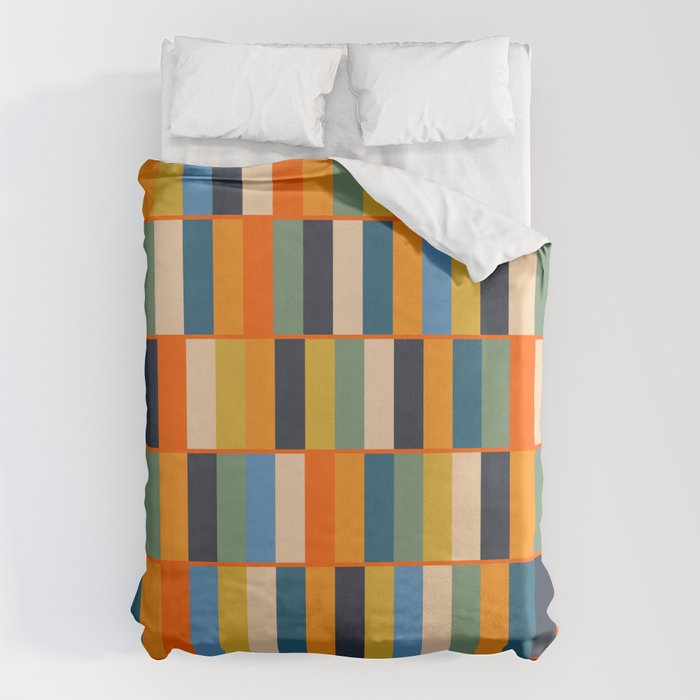 Long Blocks Retro Modern Minimalist Geometric Checked Pattern Blue Mustard Orange Eucalyptus Duvet Cover Gallery Image 6