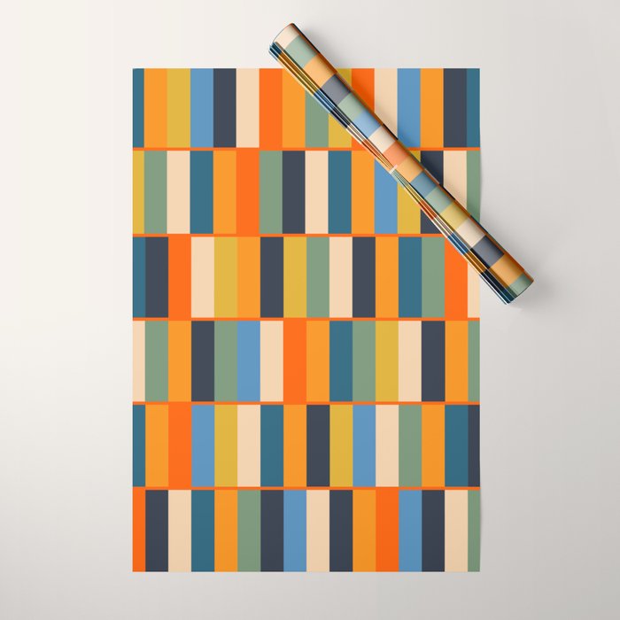 Long Blocks Retro Modern Minimalist Geometric Checked Pattern Blue Mustard Orange Eucalyptus Wrapping Paper Gallery Image 1