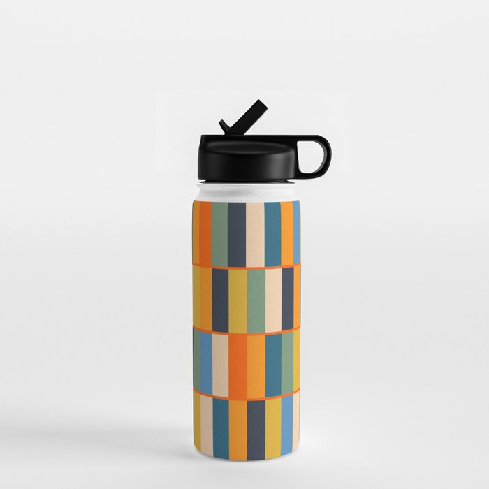 Long Blocks Retro Modern Minimalist Geometric Checked Pattern Blue Mustard Orange Eucalyptus Water Bottle Gallery Image 1