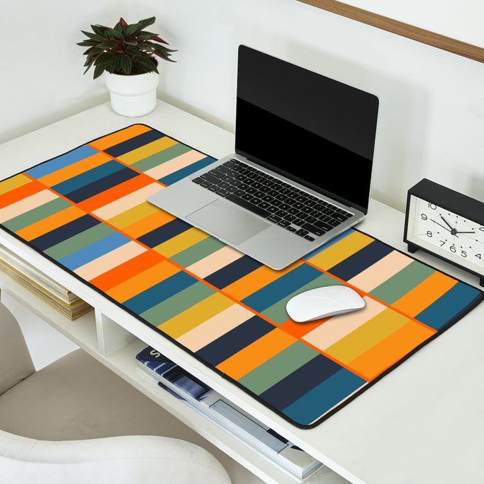 Long Blocks Retro Modern Minimalist Geometric Checked Pattern Blue Mustard Orange Eucalyptus Desk Mat Gallery Image 2