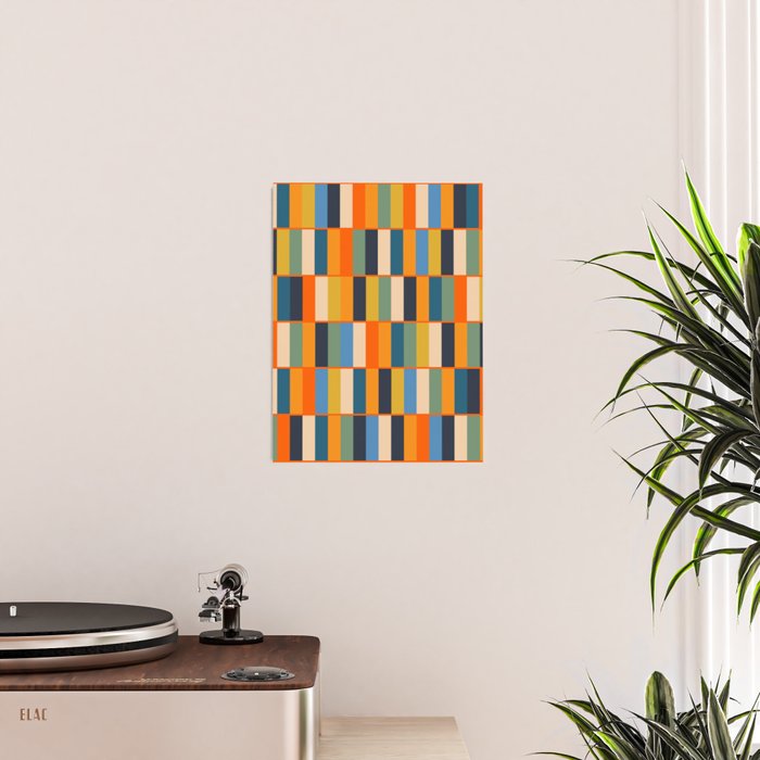 Long Blocks Retro Modern Minimalist Geometric Checked Pattern Blue Mustard Orange Eucalyptus Poster Gallery Image 2