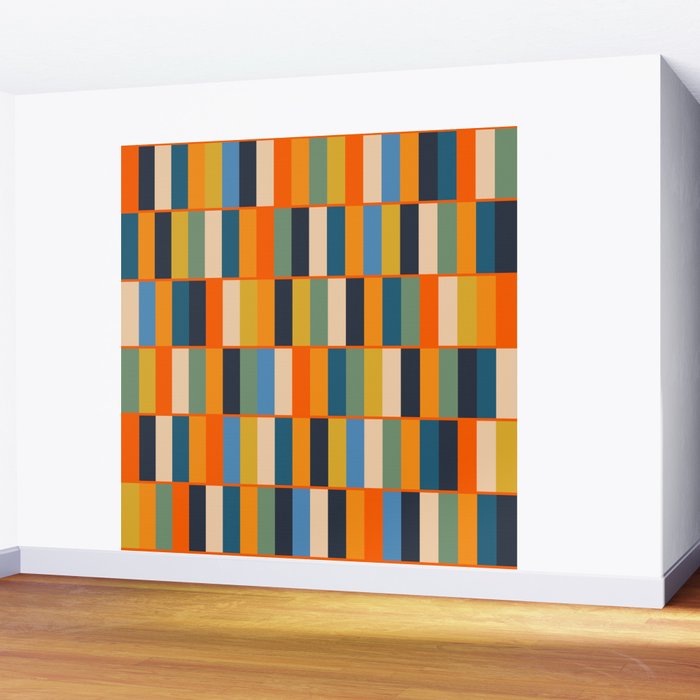 Long Blocks Retro Modern Minimalist Geometric Checked Pattern Blue Mustard Orange Eucalyptus Wall Mural Gallery Image 2
