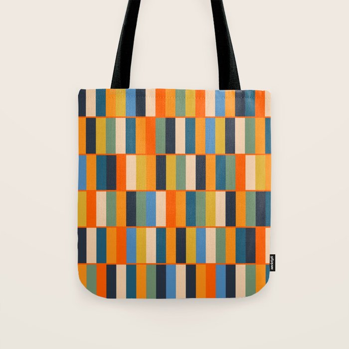 Long Blocks Retro Modern Minimalist Geometric Checked Pattern Blue Mustard Orange Eucalyptus Tote Bag Gallery Image 1