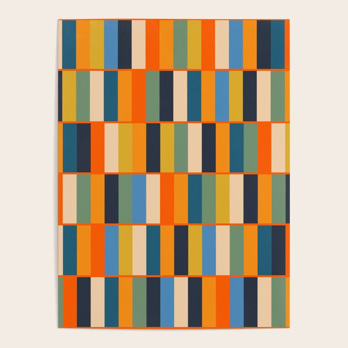 Long Blocks Retro Modern Minimalist Geometric Checked Pattern Blue Mustard Orange Eucalyptus Poster Gallery Image 4