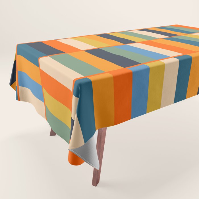 Long Blocks Retro Modern Minimalist Geometric Checked Pattern Blue Mustard Orange Eucalyptus Tablecloth Gallery Image 1