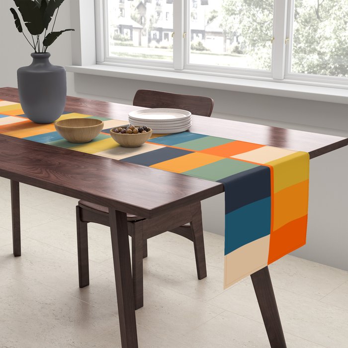 Long Blocks Retro Modern Minimalist Geometric Checked Pattern Blue Mustard Orange Eucalyptus Table Runner Gallery Image 2