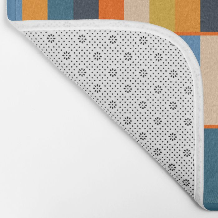 Long Blocks Retro Modern Minimalist Geometric Checked Pattern Blue Mustard Orange Eucalyptus Bath Mat Gallery Image 2