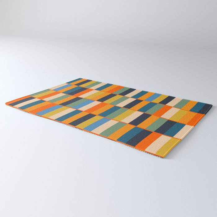 Long Blocks Retro Modern Minimalist Geometric Checked Pattern Blue Mustard Orange Eucalyptus Rug Gallery Image 3
