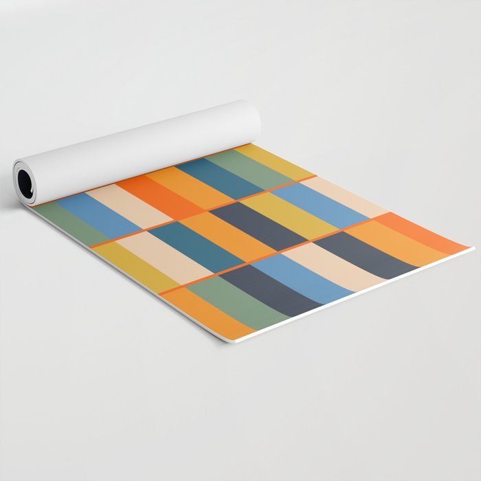 Long Blocks Retro Modern Minimalist Geometric Checked Pattern Blue Mustard Orange Eucalyptus Yoga Mat Gallery Image 2