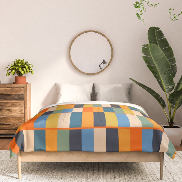 Long Blocks Retro Modern Minimalist Geometric Checked Pattern Blue Mustard Orange Eucalyptus Comforter Gallery Image 3