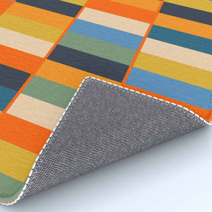 Long Blocks Retro Modern Minimalist Geometric Checked Pattern Blue Mustard Orange Eucalyptus Rug Gallery Image 4