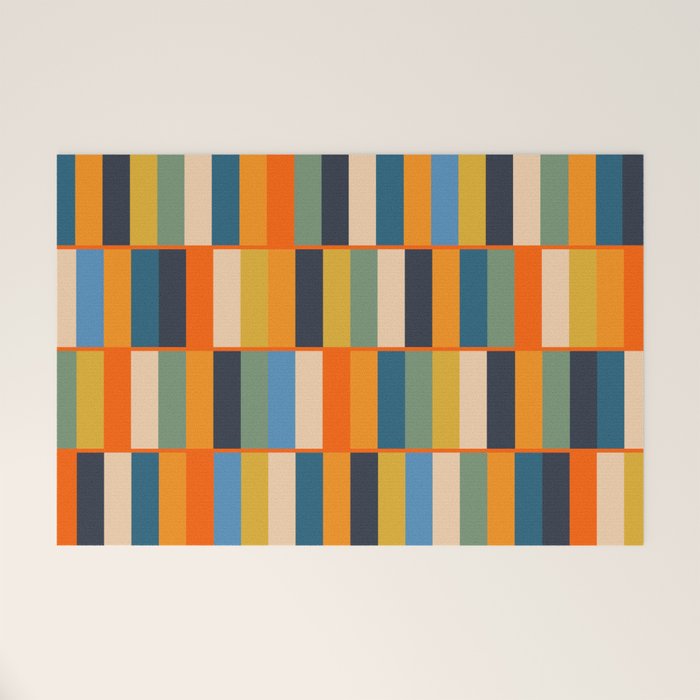 Long Blocks Retro Modern Minimalist Geometric Checked Pattern Blue Mustard Orange Eucalyptus Welcome Mat Gallery Image 1