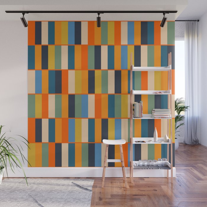 Long Blocks Retro Modern Minimalist Geometric Checked Pattern Blue Mustard Orange Eucalyptus Wall Mural Gallery Image 1