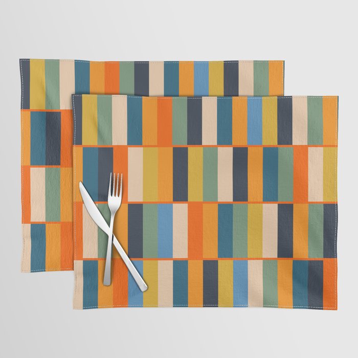 Long Blocks Retro Modern Minimalist Geometric Checked Pattern Blue Mustard Orange Eucalyptus Placemat Gallery Image 1