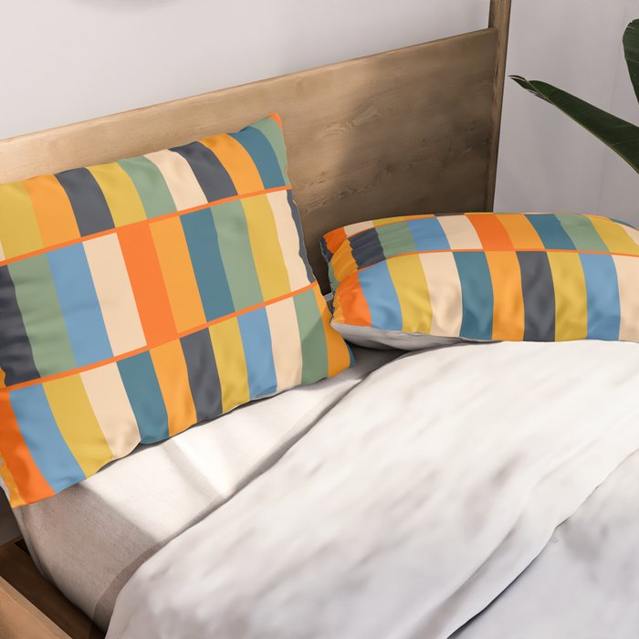 Long Blocks Retro Modern Minimalist Geometric Checked Pattern Blue Mustard Orange Eucalyptus Pillow Sham Gallery Image 2