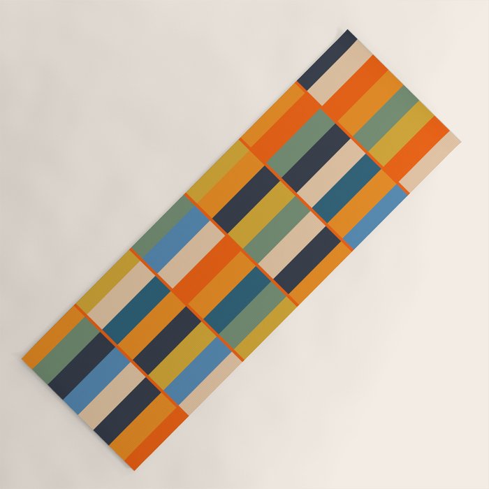 Long Blocks Retro Modern Minimalist Geometric Checked Pattern Blue Mustard Orange Eucalyptus Yoga Mat Gallery Image 1