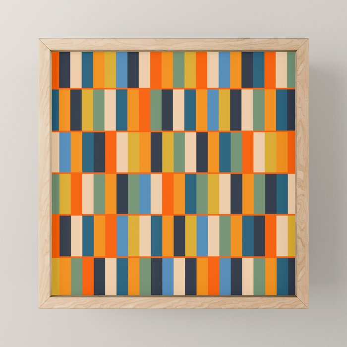 Long Blocks Retro Modern Minimalist Geometric Checked Pattern Blue Mustard Orange Eucalyptus Mini Art Print Gallery Image 1