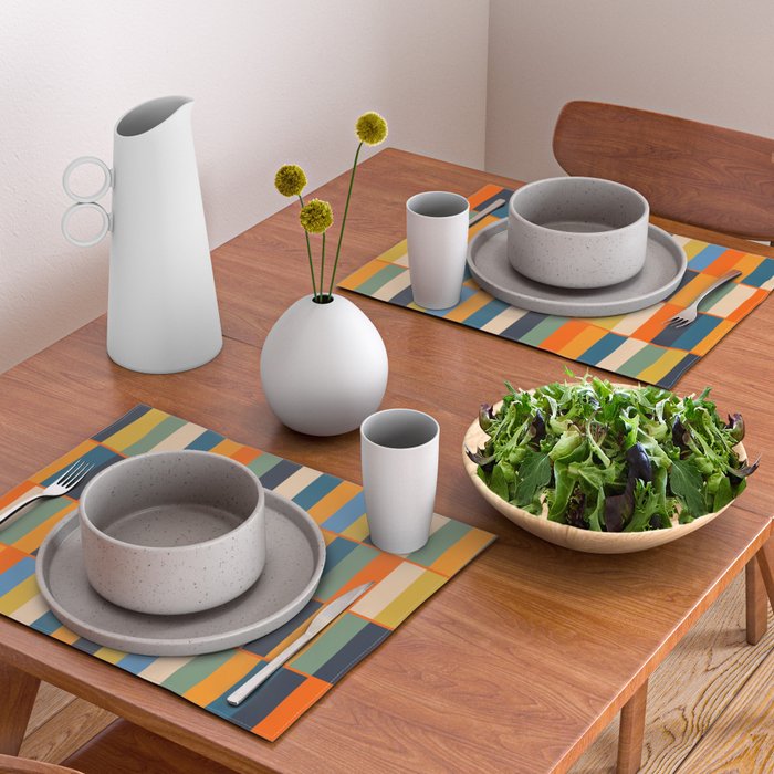 Long Blocks Retro Modern Minimalist Geometric Checked Pattern Blue Mustard Orange Eucalyptus Placemat Gallery Image 2