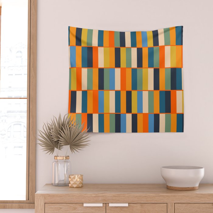 Long Blocks Retro Modern Minimalist Geometric Checked Pattern Blue Mustard Orange Eucalyptus Wall Tapestry Gallery Image 2