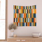 Long Blocks Retro Modern Minimalist Geometric Checked Pattern Blue Mustard Orange Eucalyptus Wall Tapestry Gallery Image 2