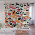 Sushi & Sashimi, Japanese Mob Wife Raw Fish Food Illustration, Delicacy Menu Rice Colorful Eclectic Wall Mural Gallery Image 1