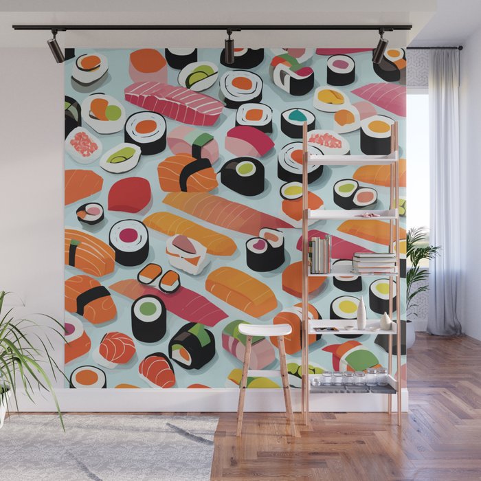 Sushi & Sashimi, Japanese Mob Wife Raw Fish Food Illustration, Delicacy Menu Rice Colorful Eclectic Wall Mural Gallery Image 1
