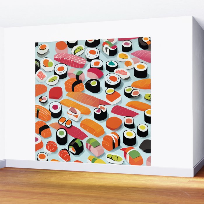 Sushi & Sashimi, Japanese Mob Wife Raw Fish Food Illustration, Delicacy Menu Rice Colorful Eclectic Wall Mural Gallery Image 2