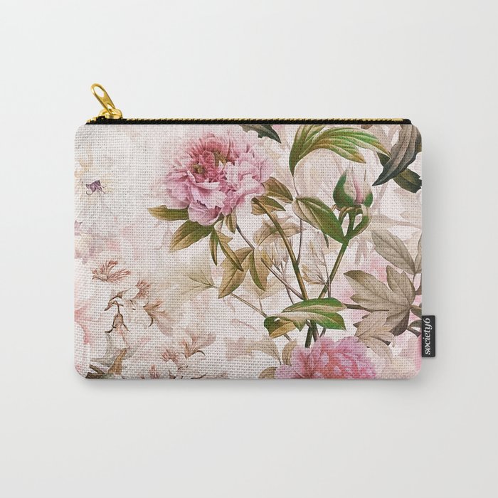 Vintage And Shabby Chic- Pink  Summer Peonies Antique Botanical Flower Garden Carry All Pouch Gallery Image 1