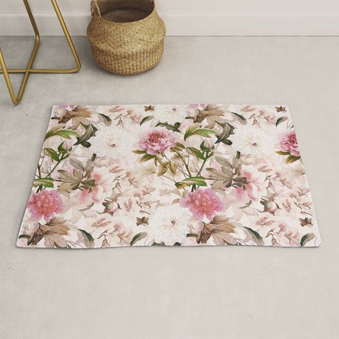 Vintage And Shabby Chic- Pink  Summer Peonies Antique Botanical Flower Garden Rug Gallery Image 1