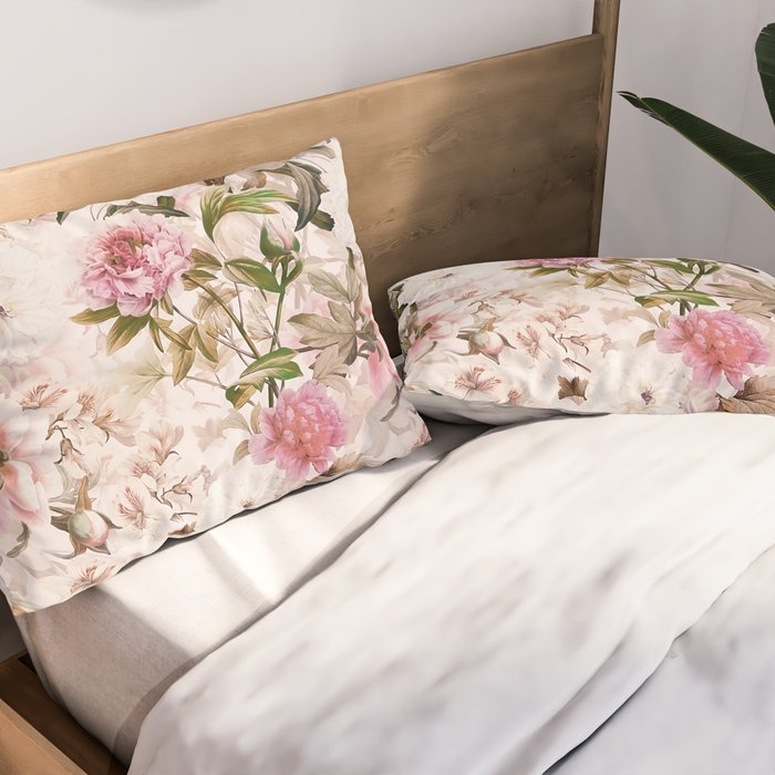 Vintage And Shabby Chic- Pink  Summer Peonies Antique Botanical Flower Garden Pillow Sham Gallery Image 2