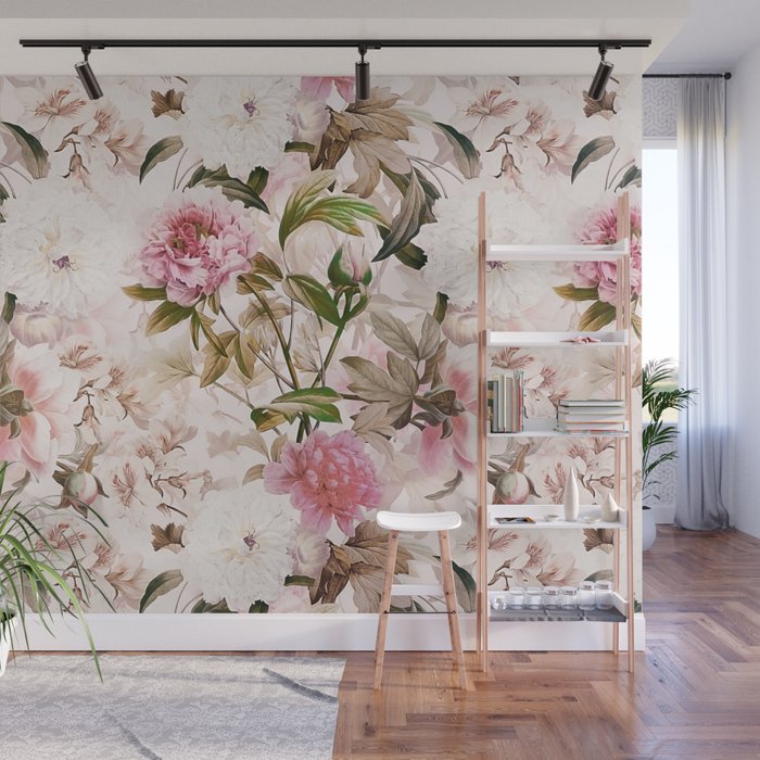 Vintage And Shabby Chic- Pink  Summer Peonies Antique Botanical Flower Garden Wall Mural Gallery Image 1