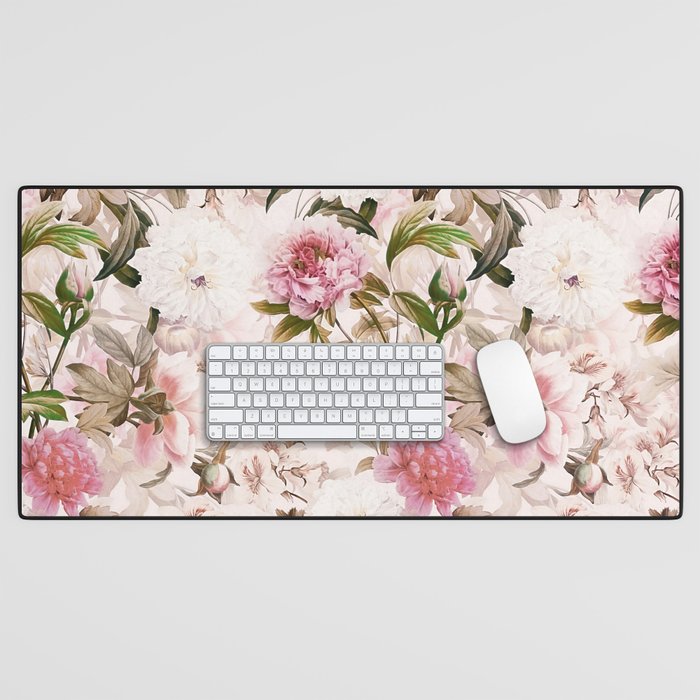 Vintage And Shabby Chic- Pink  Summer Peonies Antique Botanical Flower Garden Desk Mat Gallery Image 1