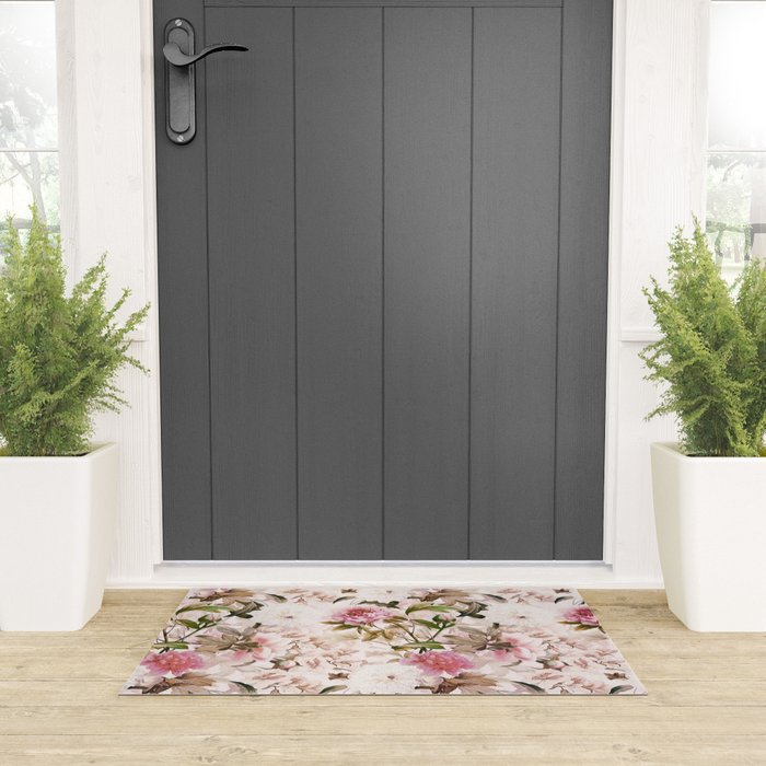 Vintage And Shabby Chic- Pink  Summer Peonies Antique Botanical Flower Garden Welcome Mat Gallery Image 3